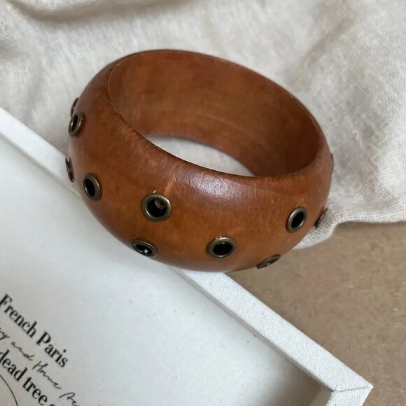 Western Style Riveted Wood Wide Bangle Bracelet Southwest Accessory - Picture 2 of 3